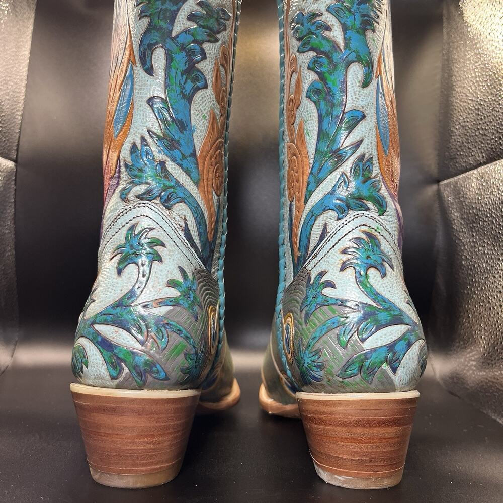 Carrie Cameron Peacock Boots Women's 8.5B Hand Tooled Painted Leather Western - Picture 8 of 16